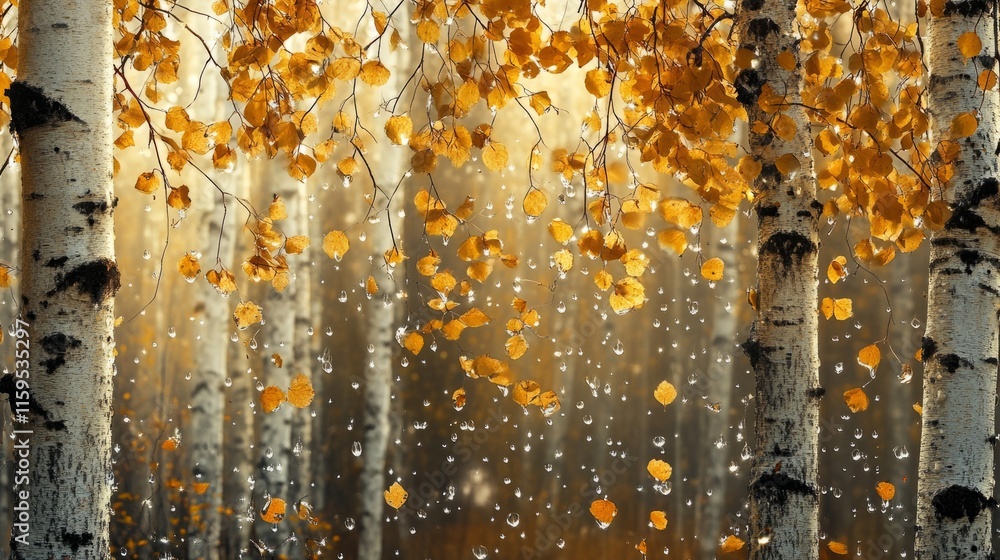 Fototapeta premium Golden birch leaves drifting through the air, glistening drops of water catching sunlight, serene forest scene, generative ai