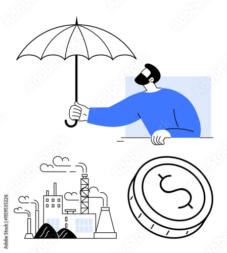 Man holding umbrella offering protection, industrial facility with factories and chimneys, coin with dollar sign. Ideal for investment, insurance, safety, industrial protection, financial security