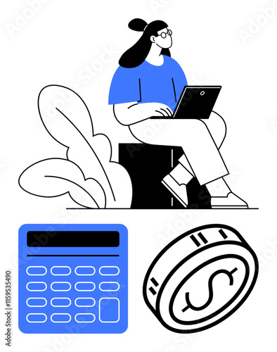 Woman sitting on stool with laptop, large coin with dollar sign, and calculator. Ideal for financial planning, budgeting, accounting, investment, business strategy, online banking and economics