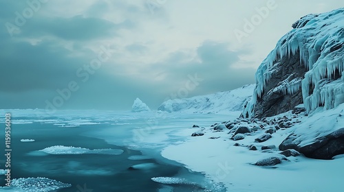 Snowy coastline with ice-covered rocks along the shore, waves frozen mid-surge, soft light from a cloudy winter sky, desolate and serene mood, blank area photo