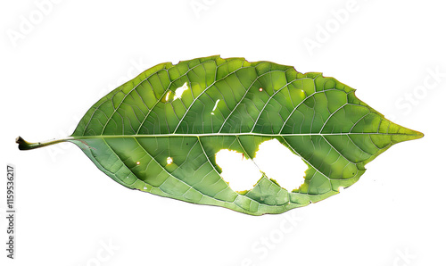 leaf with holes isolated on transparent background. Green leaves are eaten by worms or pests