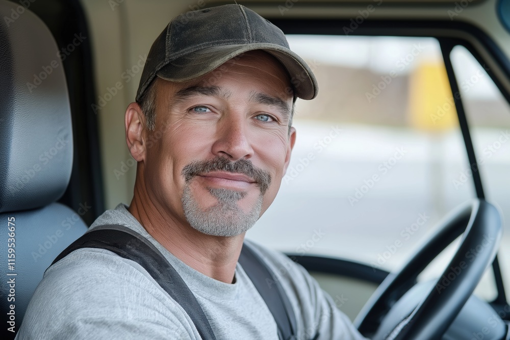 A man with a beard and a hat is smiling at the camera. He is sitting in a truck and he is a truck driver A man with a beard and a hat is smiling at the camera. He is sitting in a truck and he is a truck driver