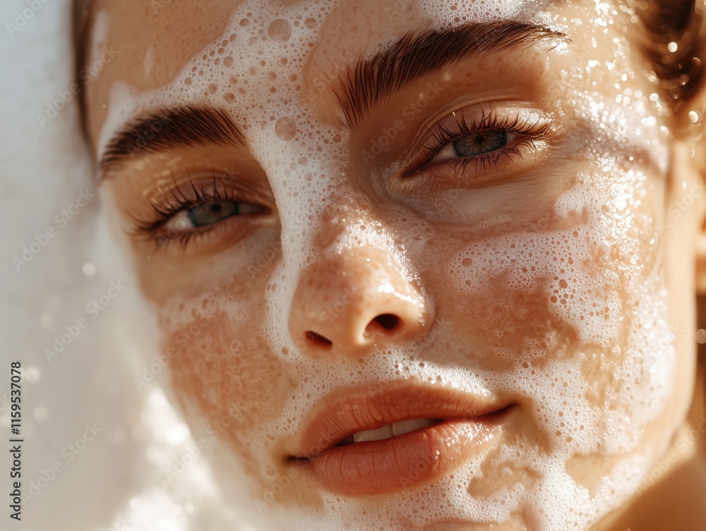 Close-up of a young woman applying facial cleanser, highlighting skin care and beauty routine in soft light