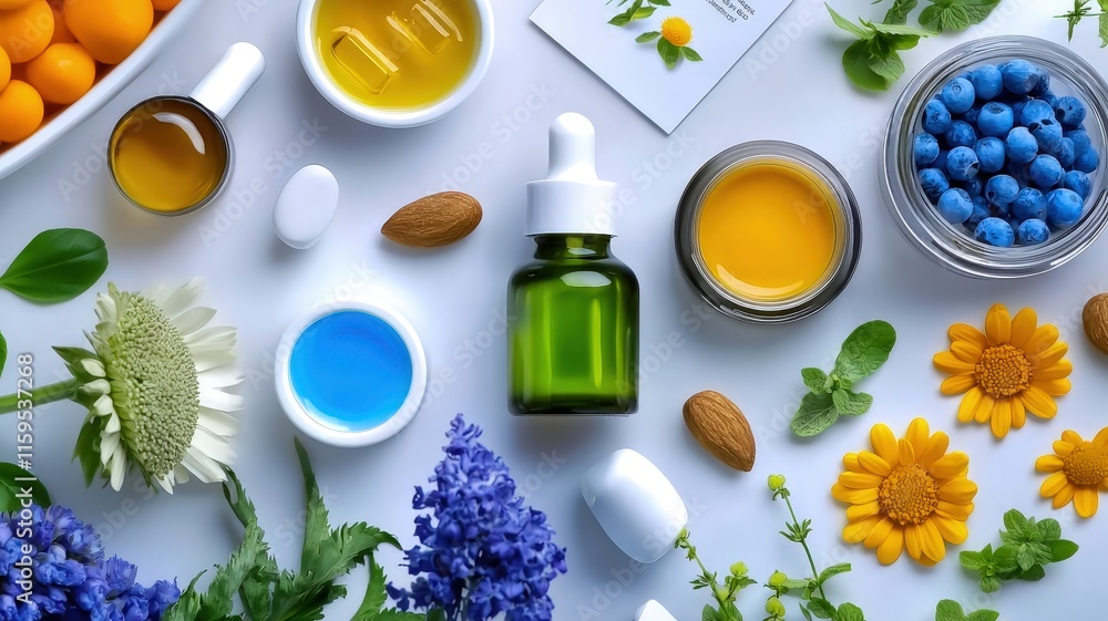 A vibrant arrangement of natural ingredients, including oils, herbs, and fruits, ideal for skincare and wellness, showcasing the beauty of nature's bounty. A vibrant arrangement of natural ingredients, including oils, herbs, and fruits, ideal for skincare and wellness, showcasing the beauty of nature's bounty.