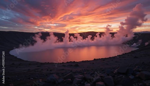 Volcanic Crater Lake Sunset Steam Rising photo