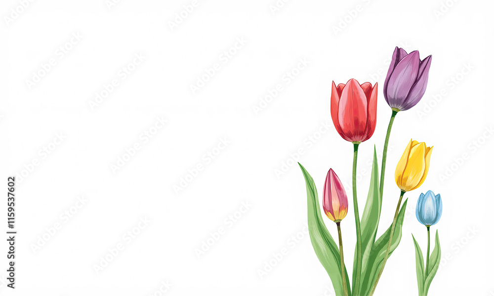 Colorful tulips on white background with copy space Colorful tulips on white background with copy space