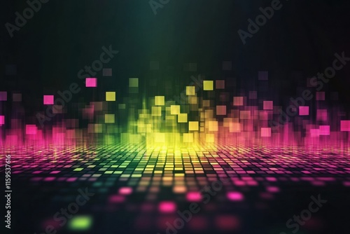 Vibrant abstract glowing mosaic with pixelated elements in a dark background creating dynamic patterns. Generative AI