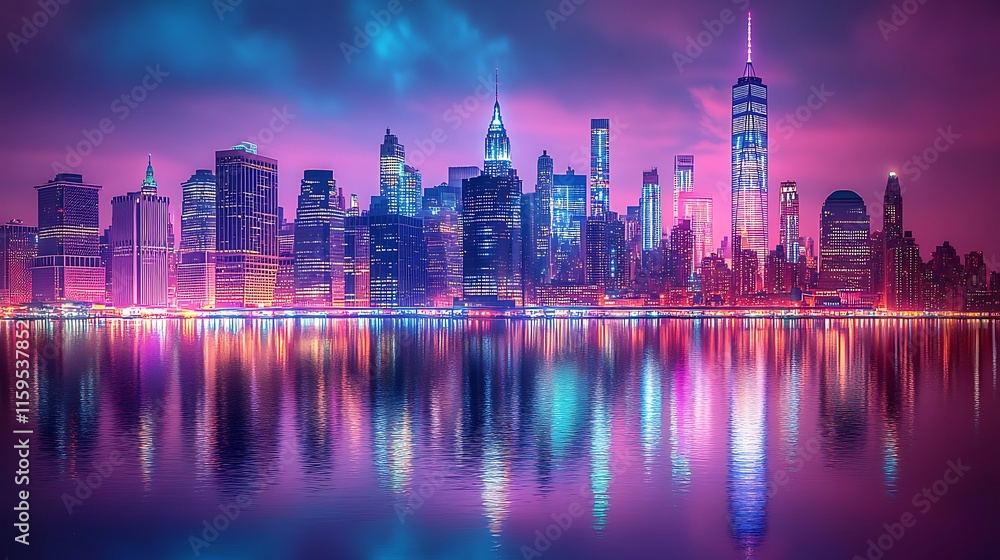 Fototapeta premium Vibrant sunset casts glowing reflections of dramatic skyline and tower on water wallpaper image
