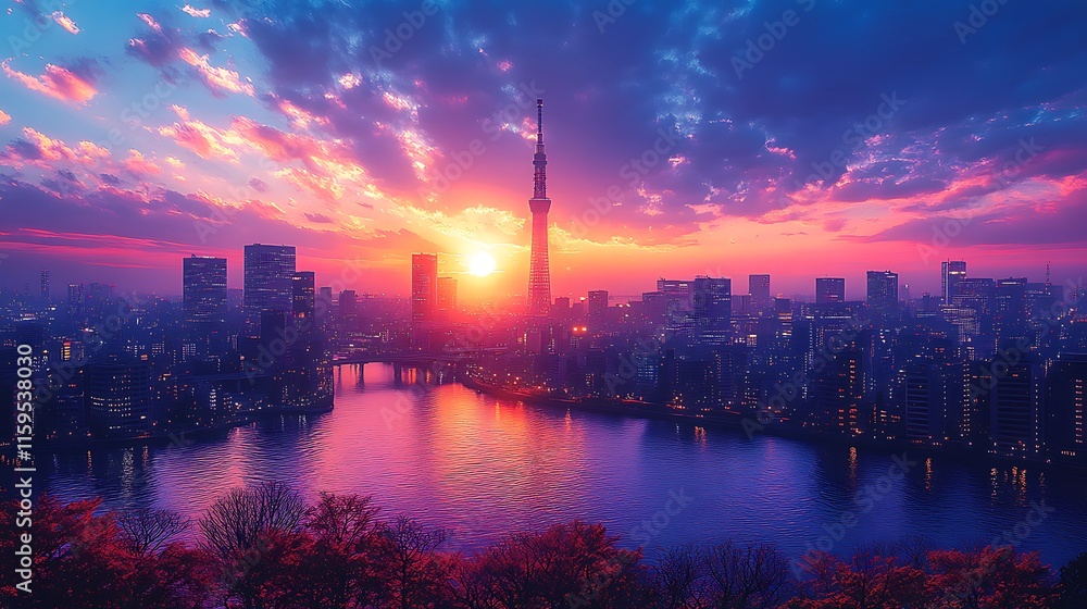Cityscape glows vividly at sunset with tower landmarks mirrored in river background image Cityscape glows vividly at sunset with tower landmarks mirrored in river background image