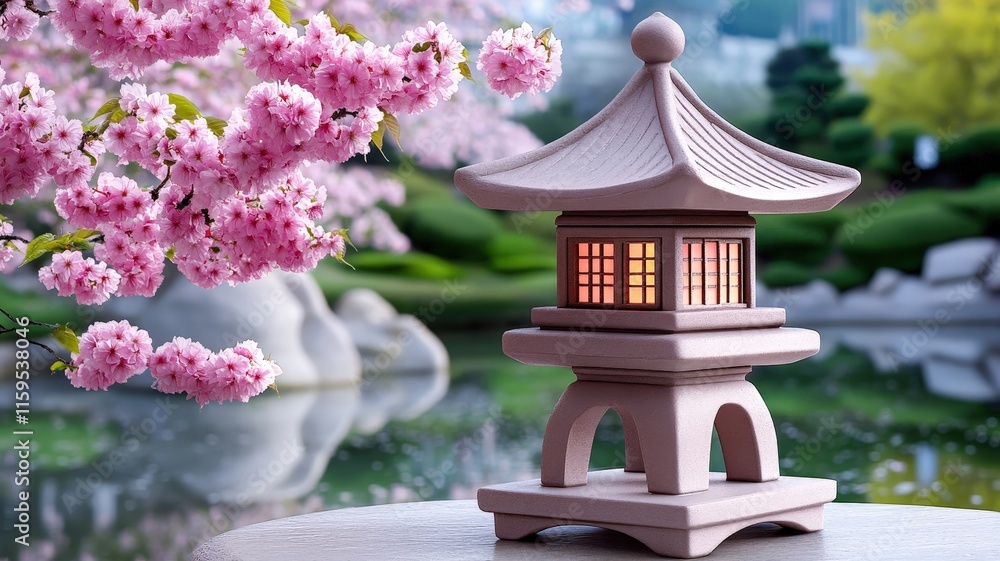 A serene garden scene featuring a traditional lantern beside blooming cherry blossoms, reflecting tranquility and natural beauty. A serene garden scene featuring a traditional lantern beside blooming cherry blossoms, reflecting tranquility and natural beauty.