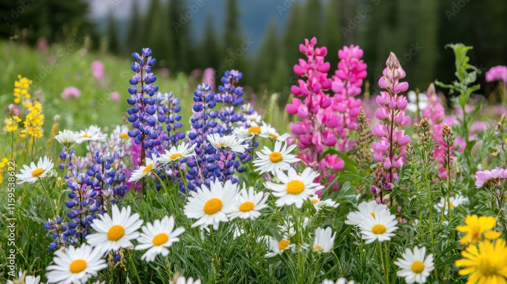 Lebendige Sommerblüte auf Waldwiesen, die das Chaos und die Ruhe der Natur einfangen Lebendige Sommerblüte auf Waldwiesen, die das Chaos und die Ruhe der Natur einfangen
