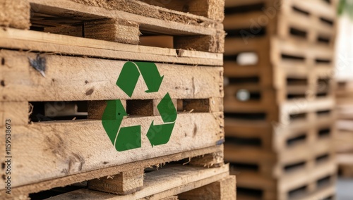 リサイクルシンボルが描かれた木製パレットが並ぶ場所の様子