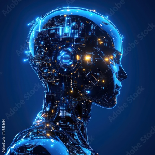 Glowing robotic head profile, digital art.