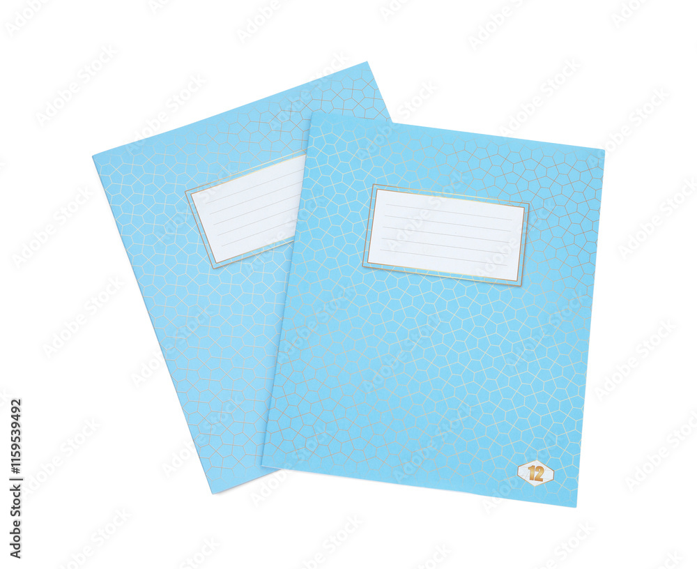 Blue copybooks isolated on white, top view. School stationery Blue copybooks isolated on white, top view. School stationery