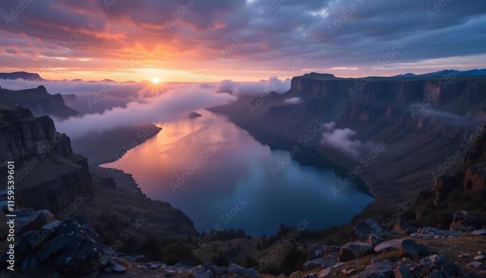 Fototapeta premium Majestic Sunrise Over Mountain Lake And Cliffs