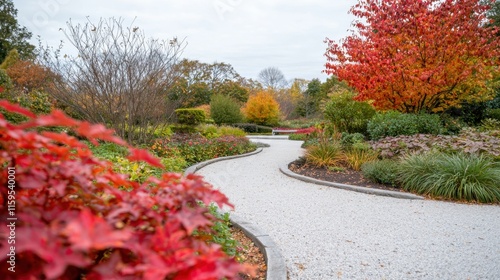 Lebendiges Herbstlaub in einer ruhigen Gartenwegszene zum Erntedankfest photo