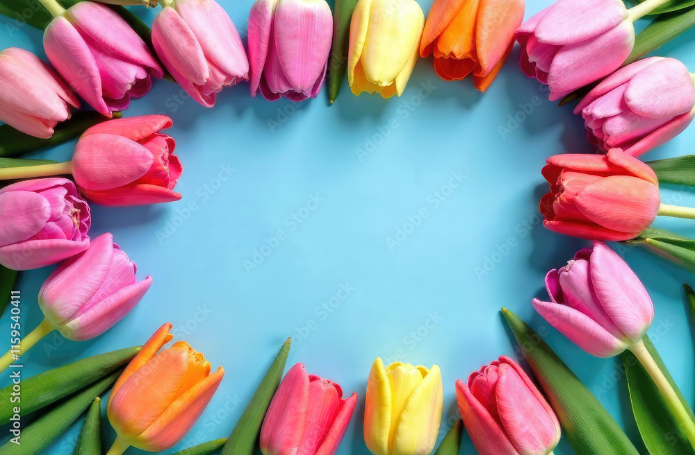 A frame made of fresh colorful tulips and blue background with spase for text at middle. Copy space, top view A frame made of fresh colorful tulips and blue background with spase for text at middle. Copy space, top view