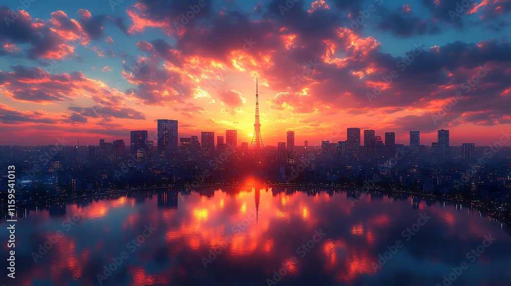 Tower landmarks dominate the cityscape glowing beautifully at sunset over tranquil river photo Tower landmarks dominate the cityscape glowing beautifully at sunset over tranquil river photo