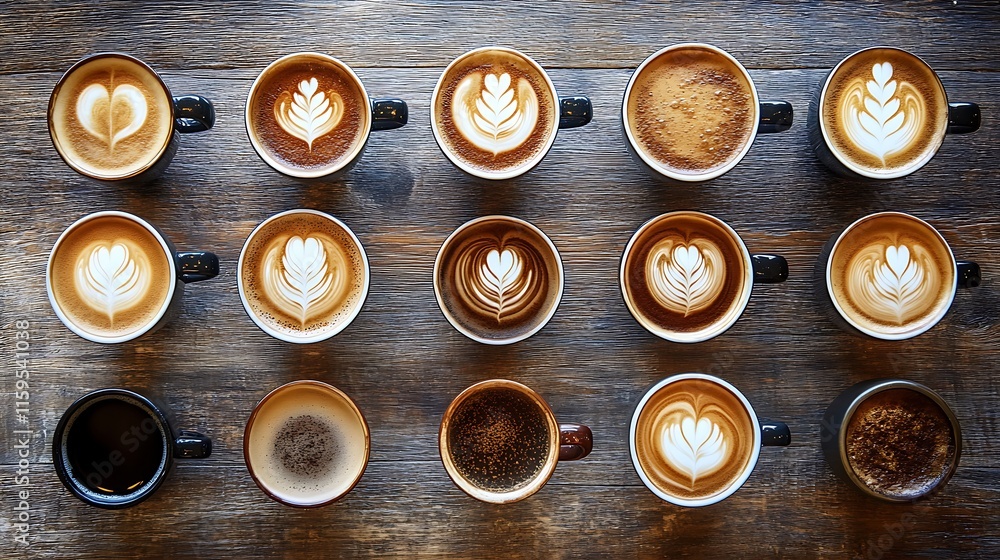 Overhead shot of fifteen coffee cups with various latte art designs and coffee types on wooden background. Overhead shot of fifteen coffee cups with various latte art designs and coffee types on wooden background.