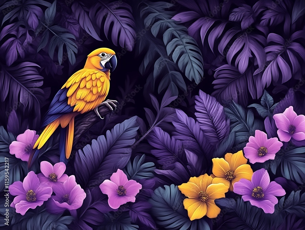 Obraz premium Golden Macaw Amidst Lush Purple Tropical Foliage