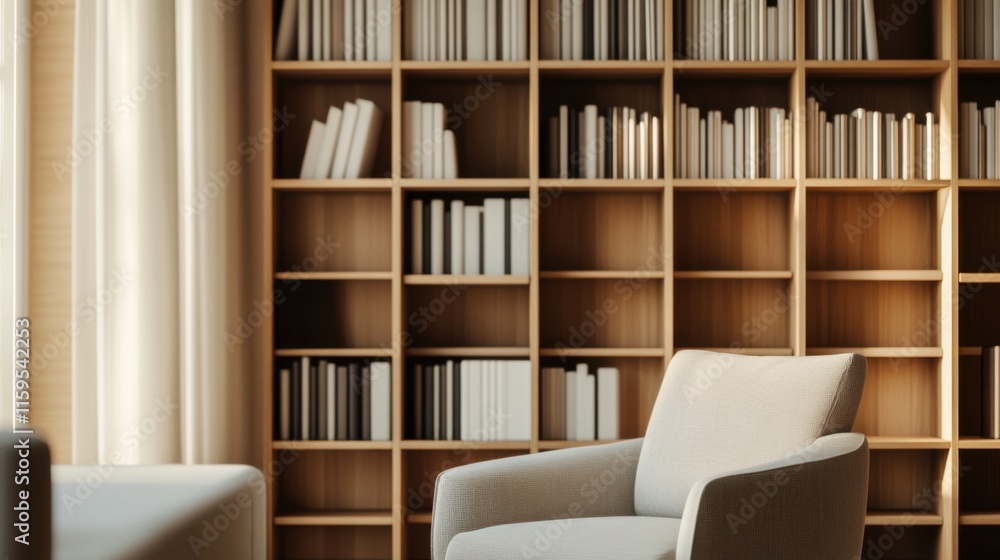 Modern minimalist home library with minimal decor. Featuring clean lines and a spacious layout Modern minimalist home library with minimal decor. Featuring clean lines and a spacious layout