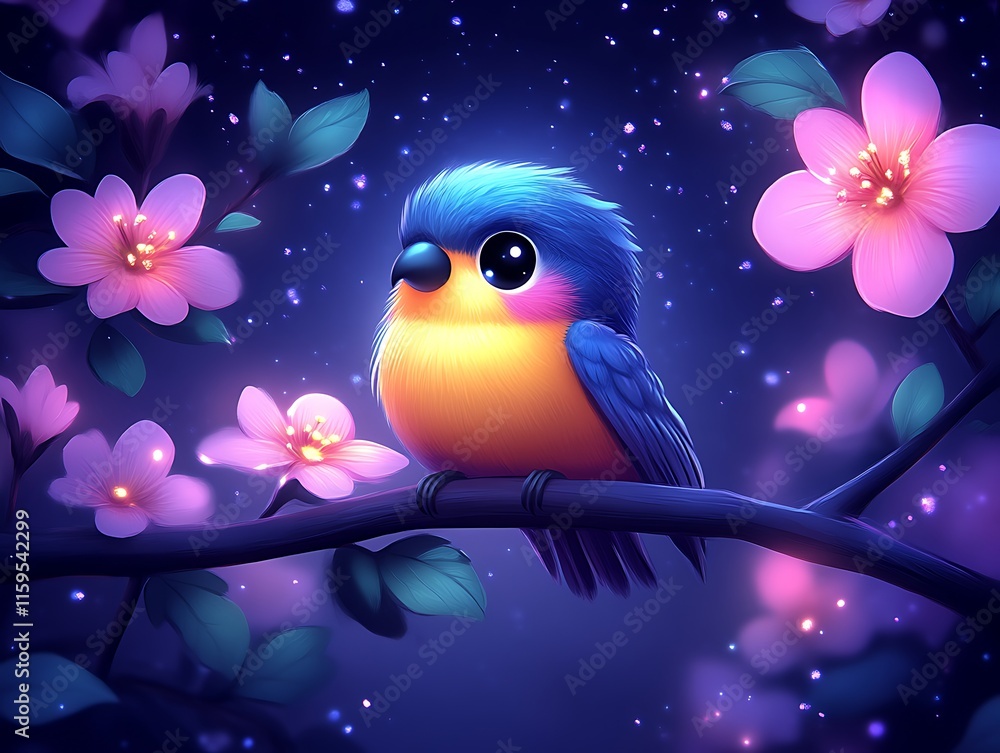 Naklejka premium Adorable Little Bird Perched on a Branch Among Blossoms