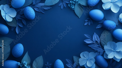 Festive easter eggs and leaves border on a classic blue background, ideal for springtime festivities and holiday well wishes photo