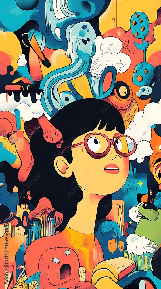 A colorful illustration of a girl surrounded by whimsical thoughts and imaginative elements. A colorful illustration of a girl surrounded by whimsical thoughts and imaginative elements.