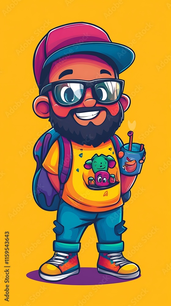A cheerful cartoon character with glasses, a backpack, and a drink, set against a bright background. A cheerful cartoon character with glasses, a backpack, and a drink, set against a bright background.