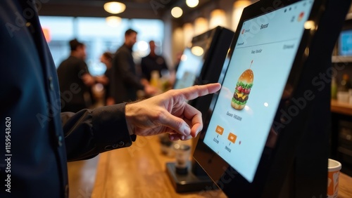 Wallpaper Mural A person's hand selects a burger option on a digital ordering kiosk in a casual restaurant setting. Concept of: Self-service technology and dining. Torontodigital.ca