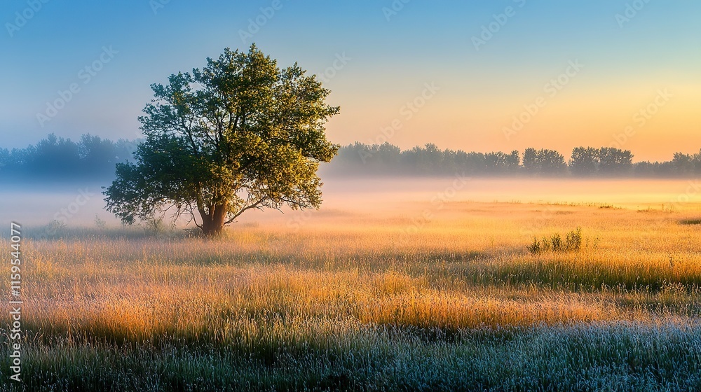 A serene landscape features a lone tree surrounded by misty fields at dawn, with soft light illuminating the grass and creating a tranquil atmosphere. A serene landscape features a lone tree surrounded by misty fields at dawn, with soft light illuminating the grass and creating a tranquil atmosphere.
