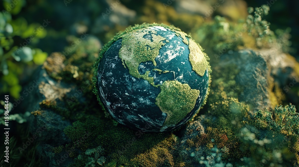 A vibrant, moss-covered globe depicting Earth, symbolizing nature and environmental awareness amidst lush greenery. A vibrant, moss-covered globe depicting Earth, symbolizing nature and environmental awareness amidst lush greenery.