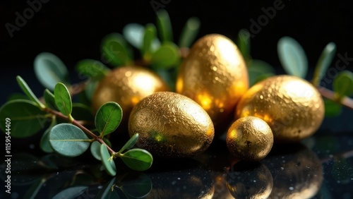                      Four golden Easter eggs are arranged with green leafy branches against a glossy black background. Concept of luxury Easter decor and opulent design.                     photo