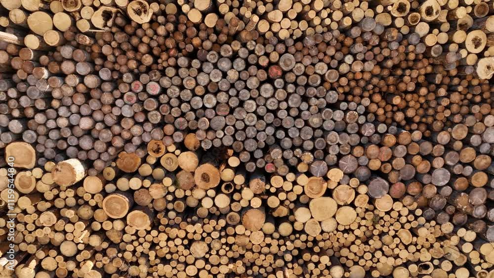 The felled trunks of coniferous trees are stacked The felled trunks of coniferous trees are stacked