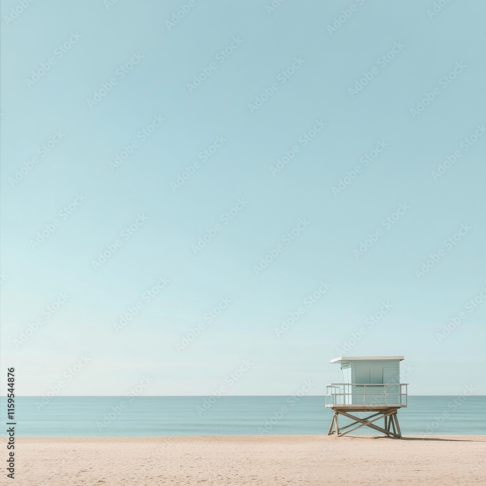 Serene beach scene with light blue lifeguard tower under a clear sky. Serene beach scene with light blue lifeguard tower under a clear sky.