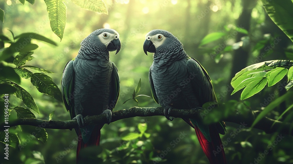 Obraz premium Two parrots perch on a tree branch in a sunlit forest, with leaves casting dappled shadows behind them