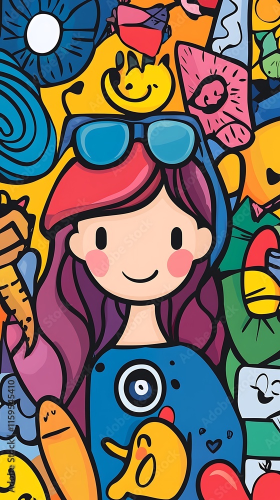 A cheerful character with colorful hair surrounded by playful doodles and icons. A cheerful character with colorful hair surrounded by playful doodles and icons.