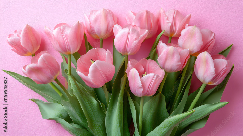 Cheerful and vibrant floral composition of pink tulips on a pink background, ideal for celebrating easter or the arrival of spring Cheerful and vibrant floral composition of pink tulips on a pink background, ideal for celebrating easter or the arrival of spring