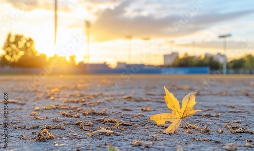 A solitary yellow leaf rests on a gravel surface during sunset.