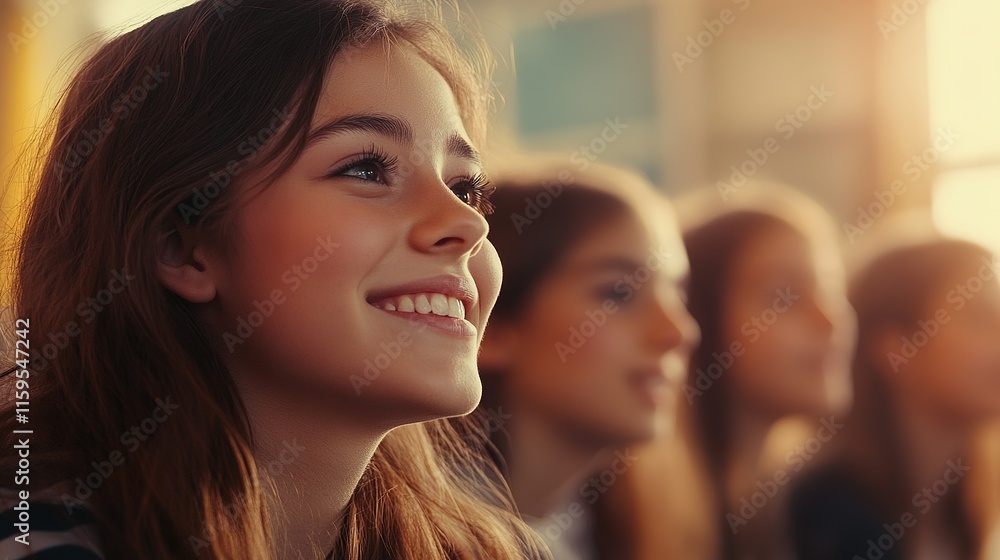 A smiling girl in a group, captivated by an unseen presentation, exudes joy and engagement in a warm, inviting environment. A smiling girl in a group, captivated by an unseen presentation, exudes joy and engagement in a warm, inviting environment.