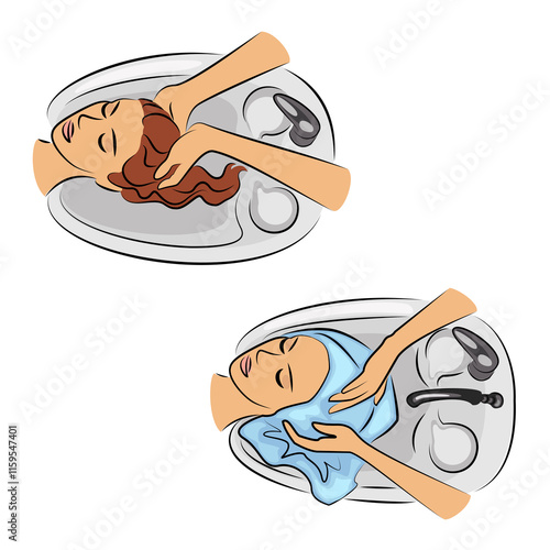 Collection of beautiful lady profile. Girl in beauty salon. Woman washes hair with water at hair salon car wash. Vector illustrations set