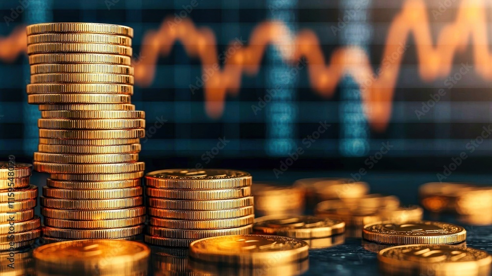 © weerasak - Stacked coins in front of a financial chart illustrating growth and investment opportunities in the economy. © weerasak - Stacked coins in front of a financial chart illustrating growth and investment opportunities in the economy.