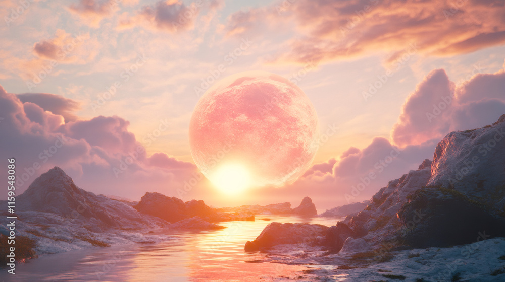 Pink full moon setting behind rocky coast at sunset with clouds, creating a beautiful and surreal landscape Pink full moon setting behind rocky coast at sunset with clouds, creating a beautiful and surreal landscape