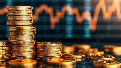 Stacked coins in front of a financial chart illustrating growth and investment opportunities in the economy. photo