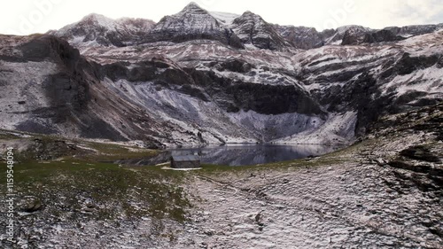 Winter beauty of the Ibón de Sabocos in Panticosa, Pyrenees: a frozen lake surrounded by snow-capped mountains in the Tena Valley, Aragon, captured from the sky with a drone in Aragon. photo