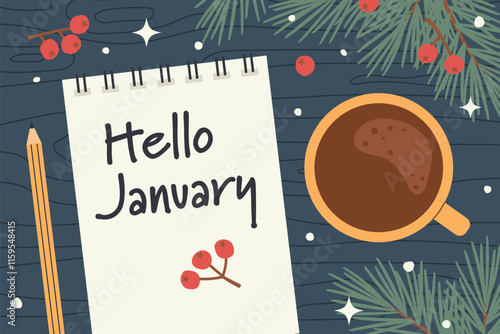 hello january written on a spiral notebook- vector illustration