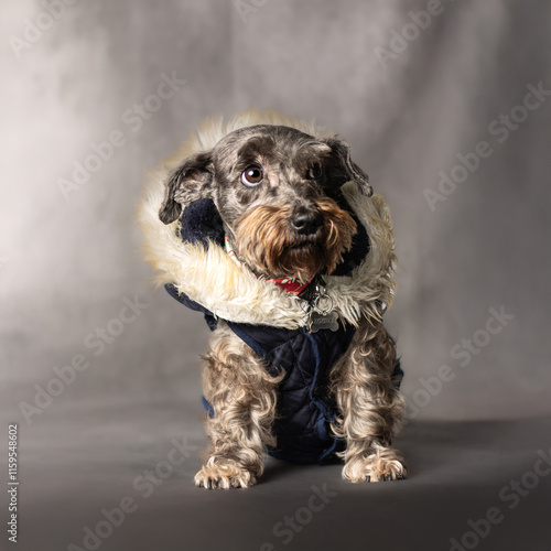 Grey schnauzer in a cloudy fabric backdrop with a sweet sight