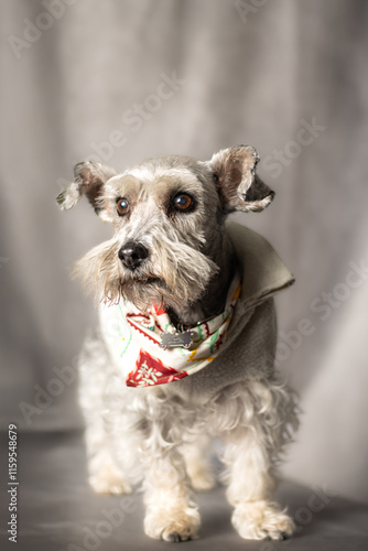 Beautiful white schnauzer seating in a cloudy fabric floor 