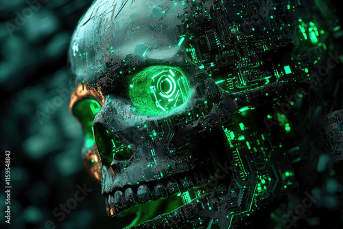 A skull intricately designed with glowing circuit boards, symbolizing technological death or digital afterlife. photo