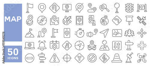 Set of 50 line icons related to map, location, path, navigation, geography, marker, satellite, compass, here, Editable stroke. Vector illustration